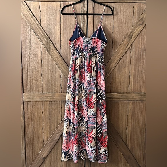 Japna Tropical Floral Leaf Print Smocked Back Spaghetti Strap Maxi Dress Sz XS - Picture 4 of 7